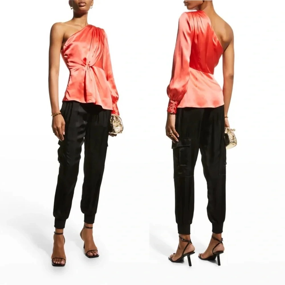 NWT Cinq a Sept Stace One-Shoulder Silk Top in Neon Coral Orange Size XS